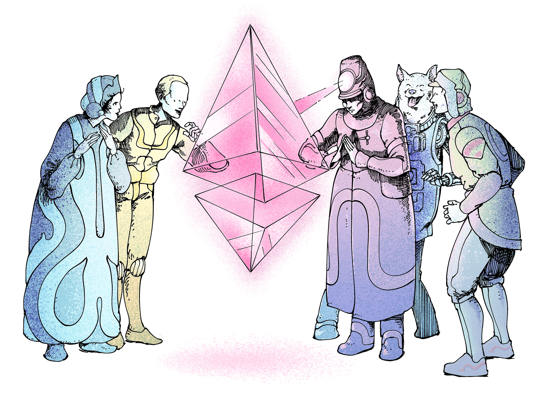 Illustration einer Gruppe von Leuten, die eine Ether(ETH)-Glyphe bestaunen