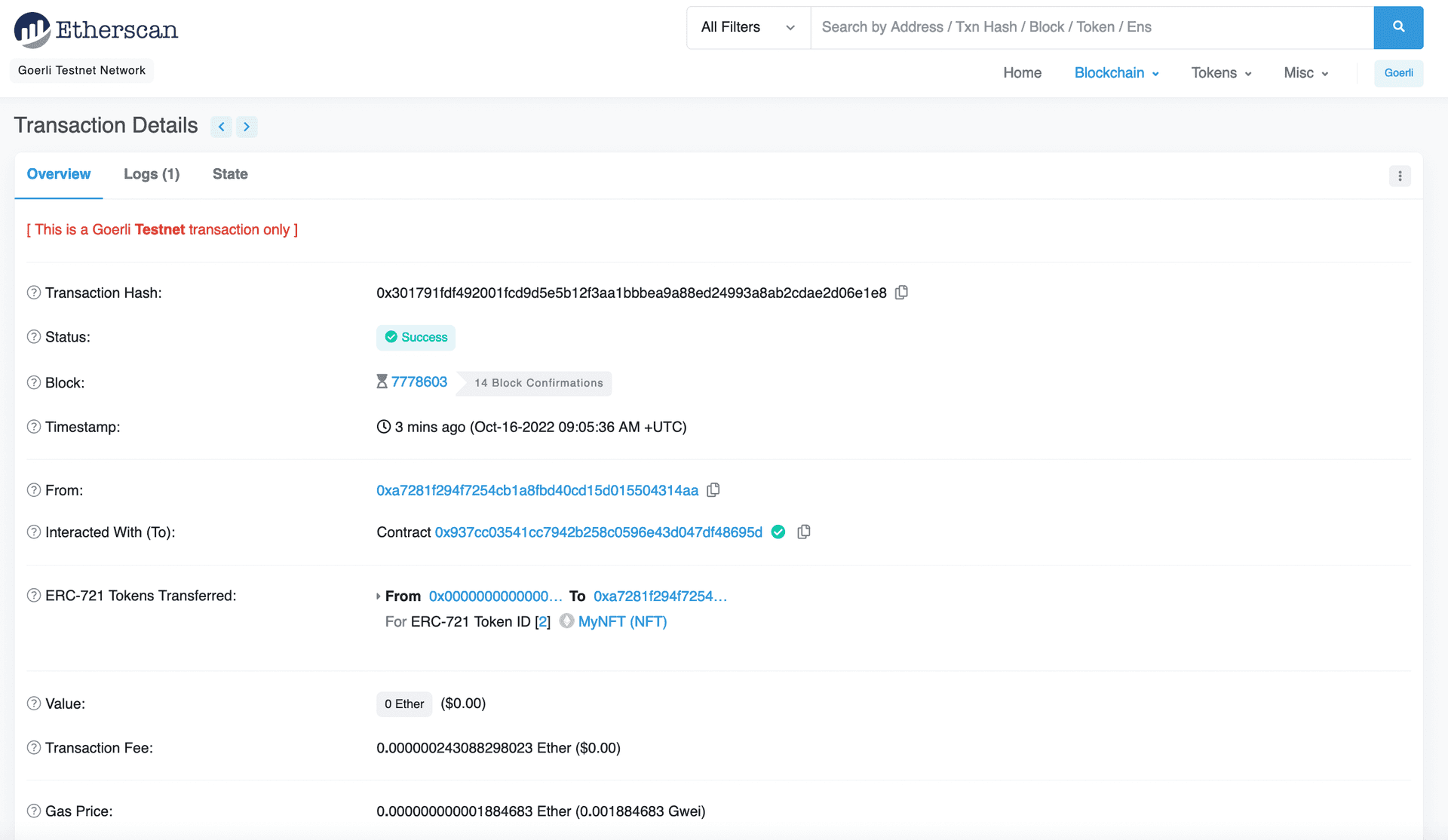 Vizualizarea hash-ului tranzacției NFT pe Etherscan